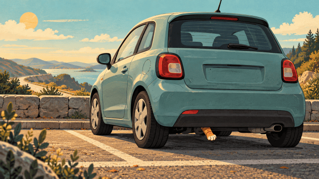 A humorous illustration of an orange kitten paw poking out beneath the rear bumper of a parked teal car.