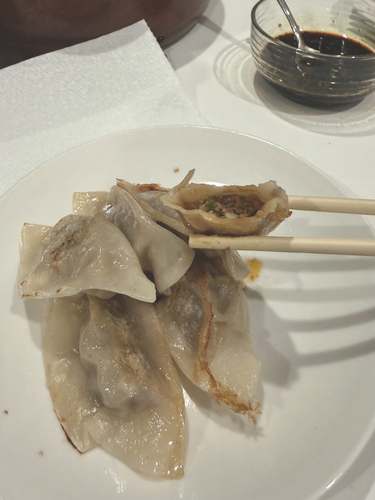 Cooked homemade dumplings served on a plate with chopsticks and dipping sauce.