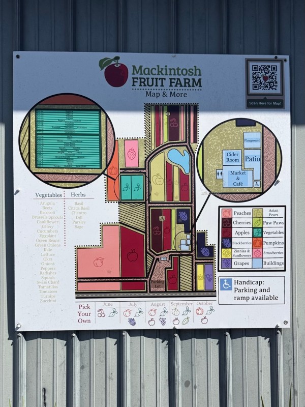 A posted map of Mackintosh Fruit Farm showing the orchard and farm areas.