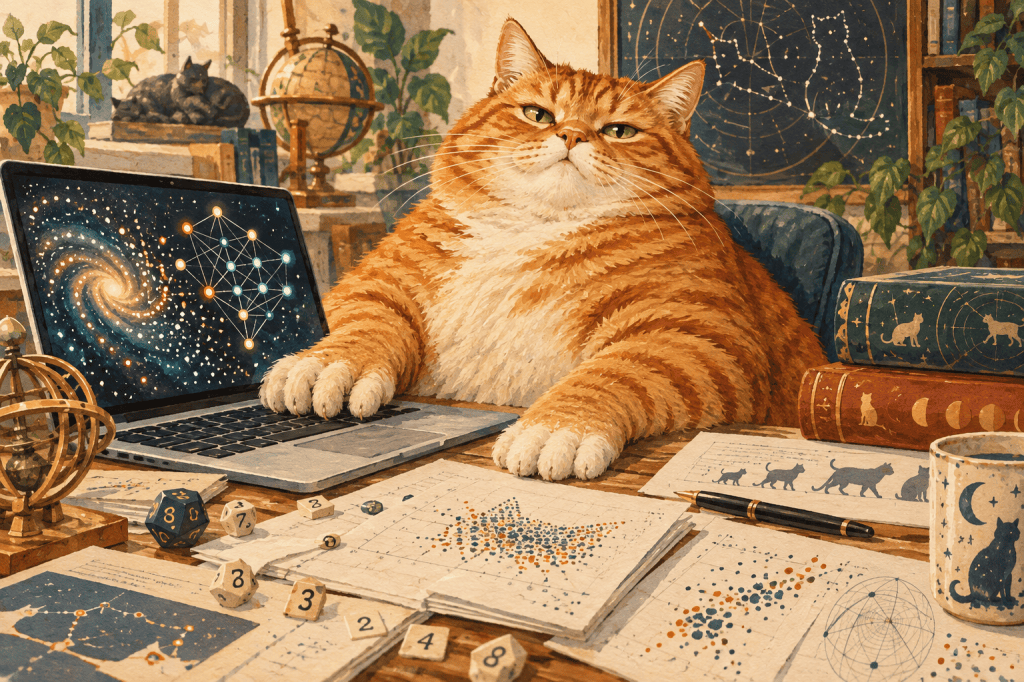 Original illustration of a smug ginger cat supervising research at a laptop surrounded by charts and dice.