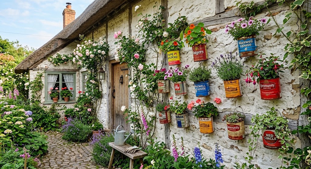 Colorful coffee cans filled with flowering plants mounted on a cottage wall.