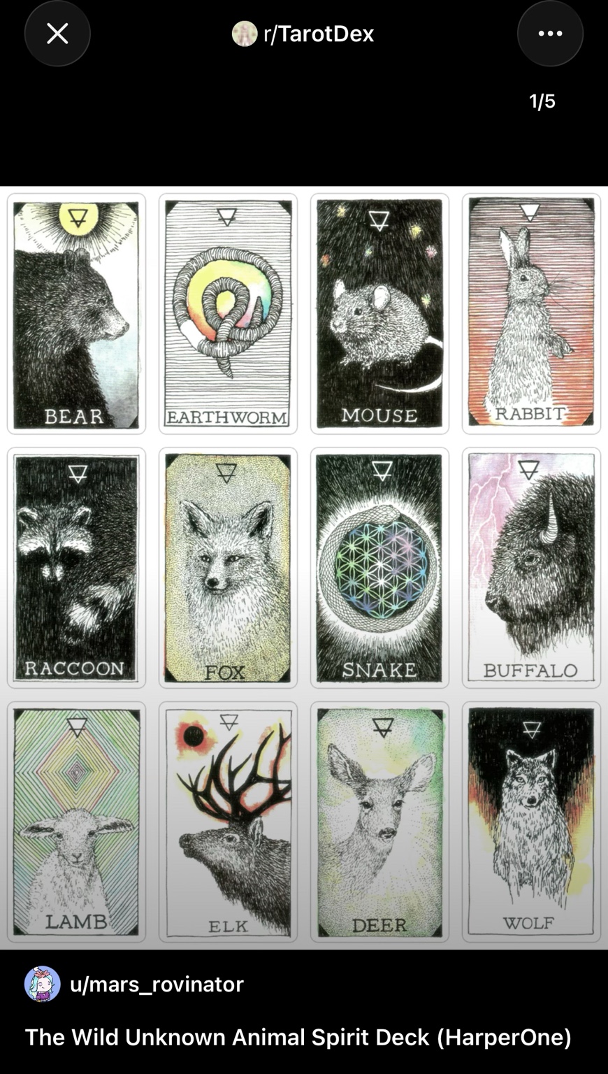 Screenshot of a TarotDex post by u/mars_rovinator showing twelve animal cards from The Wild Unknown Animal Spirit Deck.