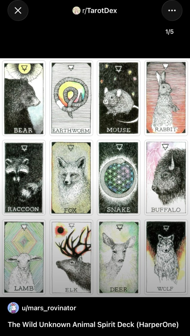 Screenshot of a TarotDex post by u/mars_rovinator showing twelve animal cards from The Wild Unknown Animal Spirit Deck.