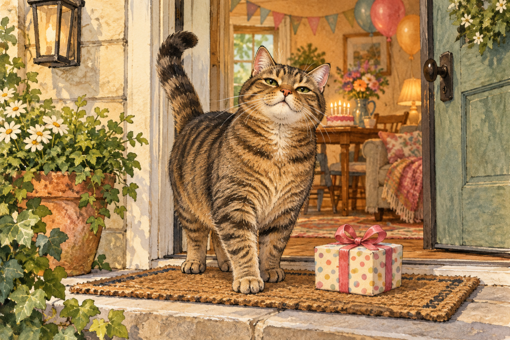 Original watercolor illustration of a tabby cat at a home's doorway beside a birthday gift, with a cake and balloons inside.