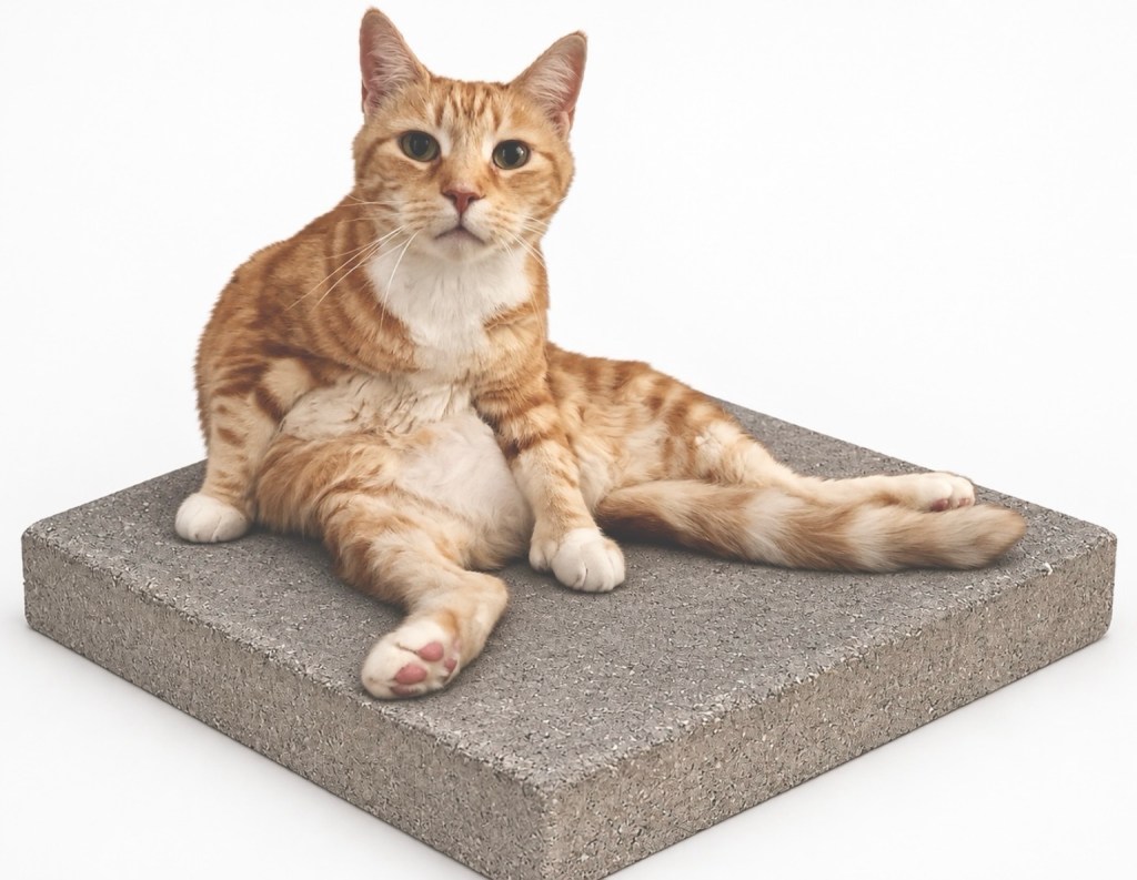 Otto, nicknamed Frank the Tank, sitting with his legs splayed on a gray concrete paver against a white background.