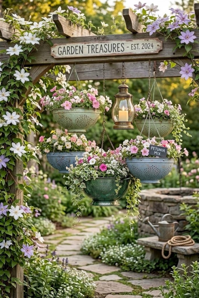 Flower-filled metal colanders hanging from a wooden garden arch surrounded by climbing flowers.
