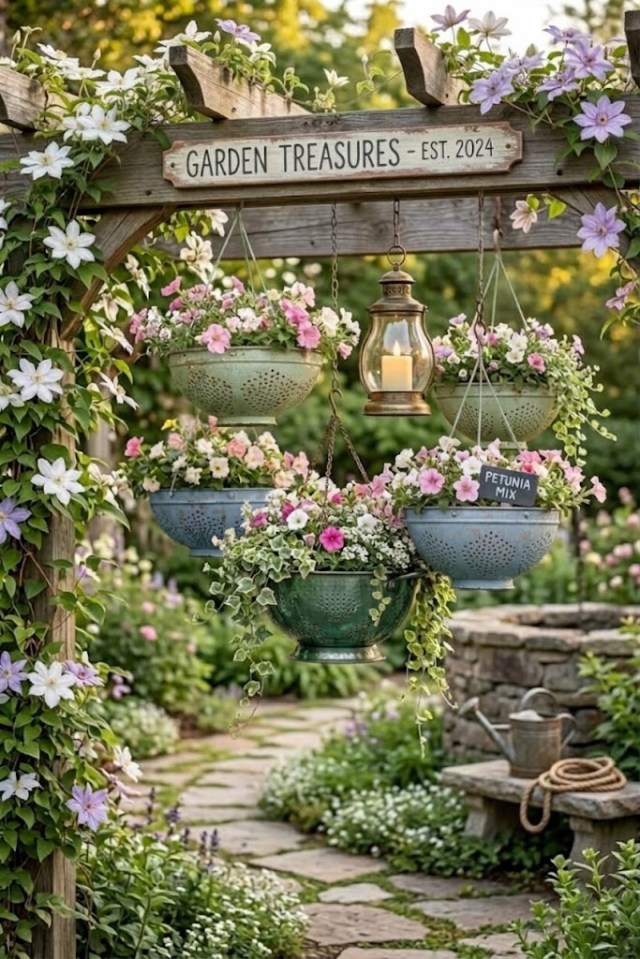 Flower-filled metal colanders hanging from a wooden garden arch surrounded by climbing flowers.